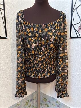 Y2K Rabbit Rose black & yellow floral long sleeve sheer crop top. Size XL.